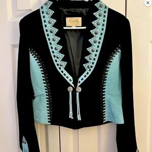 Rare Scully leather suede jacket silver studs Concho fringe Black w turquoise